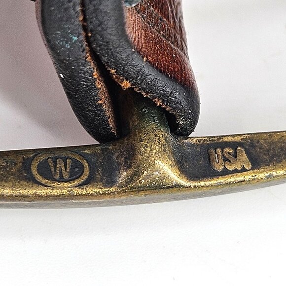 Brown Embossed Western Leather Belt Brass Buckle Size 40 Large 1.50" W USA - Picture 7 of 11